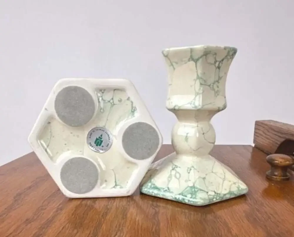 Vintage Partylite Green and White Marbled Ceramic CandleHolders, Pair